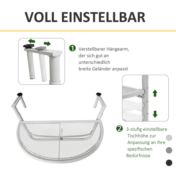 Outsunny Balkonhängetisch Hängetisch Gartentisch höhenverstellbar halbrund Ø30 cm Terrasse Metall Weiß L60 x B45 x H50 cm