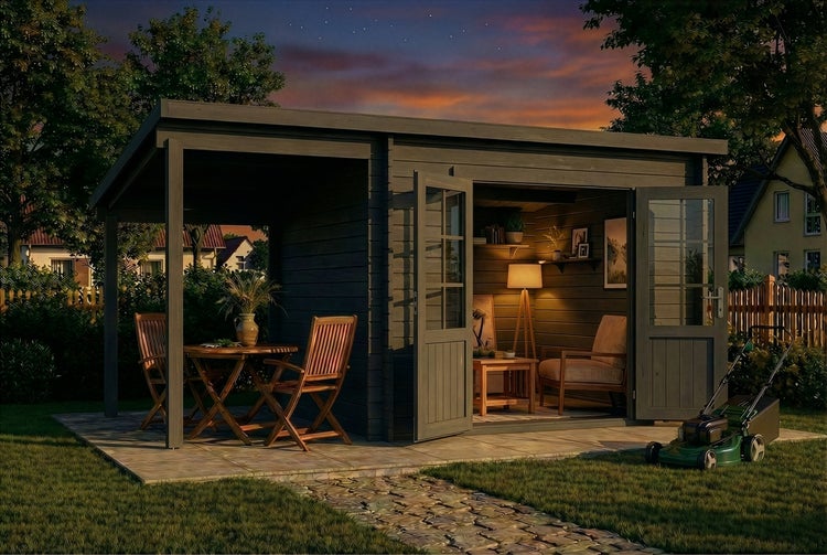 Modernes Gartenhaus aus Holz in Anthrazit mit Flachdach, Doppeltür und überdachter Terrasse mit Sitzgruppe in einem abendlichen Garten.