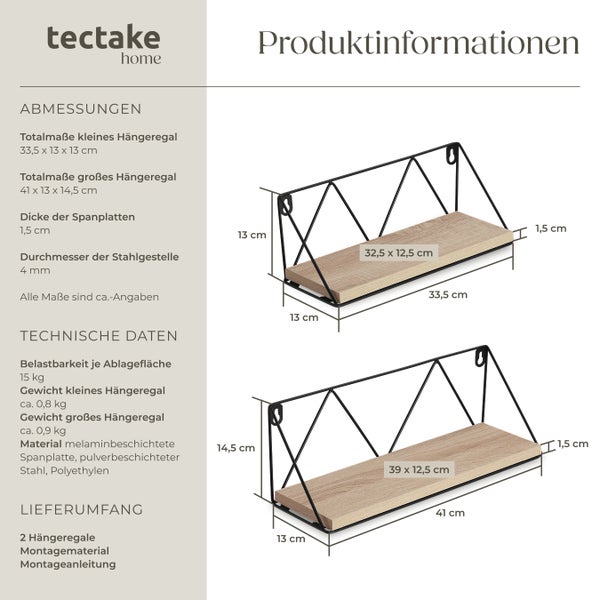 2er Set Wandregal tectake Rockport Tiefe 13 cm Industrial Style Industrial Holz hell, Eiche Sonoma
