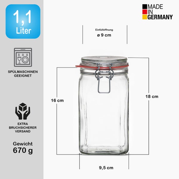 Vorratsglas mit einem Fassungsvermögen von 1,1 Liter, spülmaschinengeeignet und aus Deutschland