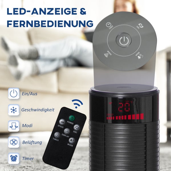 HOMCOM 3 leise Geschwindigkeitsstufen Turmventilator mit Fernbedienung, Säulenventilator mit Timer-Funktion, 45 W Standventilator, Vier Modi, 70° Oszillation, ABS, Schwarz, Ø31,5 x H117 cm