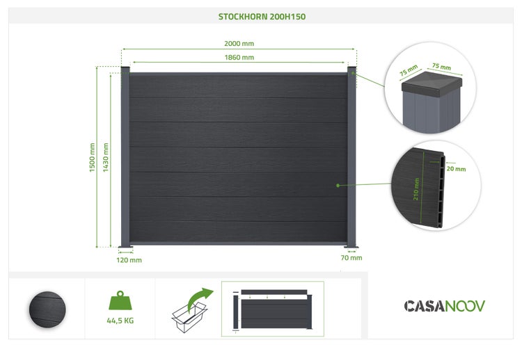Dunkelgrauer Sichtschutzzaun Casanoov Stockhorn: Breite 2000 Millimeter, Höhe 1500 Millimeter. Gewicht 44,5 Kilogramm. Casanoov Logo.