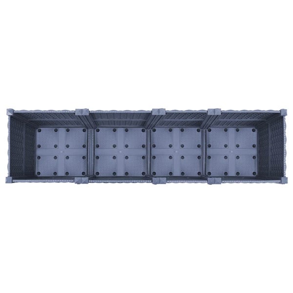 Modulares Hochbeet aus Kunststoff in Grau mit vier Fächern und perforiertem Boden für die Entwässerung in der Draufsicht.