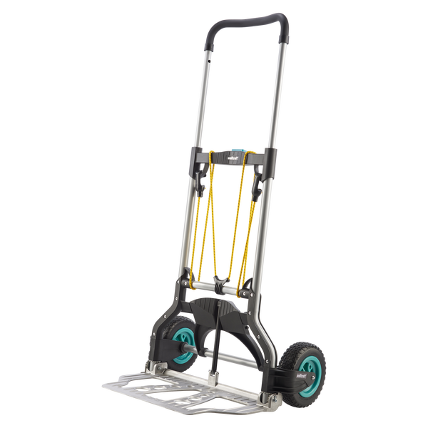 Klappbare Wolfcraft Sackkarre mit Aluminiumrahmen, ausziehbarem Griff, großen Rädern und integrierten Spanngummis für den Transport.