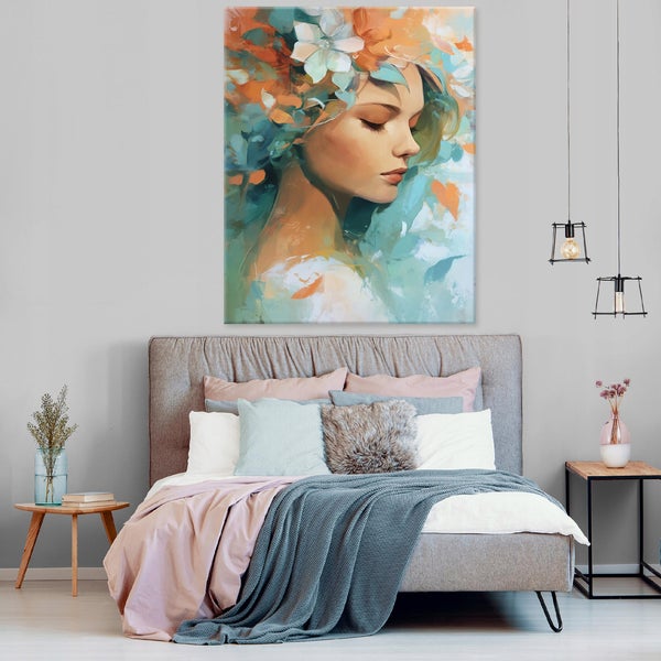 Schlafzimmer mit Bett und Frau-Blumen-Gemälde an der Wand
