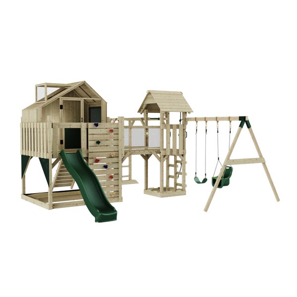 Spielplatz mit Spielhaus, Rutsche und Schaukel aus Holz