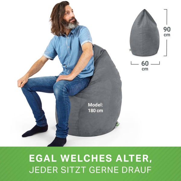 Green Bean Sitzsack mit Rückenlehne 60x60x90cm - Indoor Sitzkissen 220L Füllung Kuschelig Waschbar - Bean Bag Bodenkissen Lounge Chair Sitzhocker - Grau