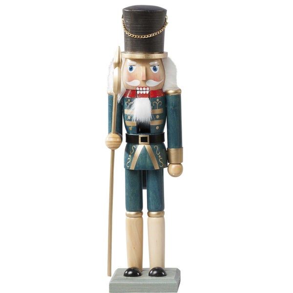 Dekorativer Nussknacker aus Holz in Uniform mit Stab für die Weihnachtsdekoration