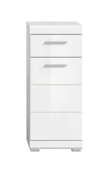 Weißer Hochglanz-Badschrank mit vier Fächern und silbernen Griffen.
