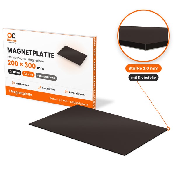 Orange Commerce Magnetplatte selbstklebend, 200 mal 300 Millimeter, Stärke 2,0 Millimeter, zuschneidbar und beschriftbar.