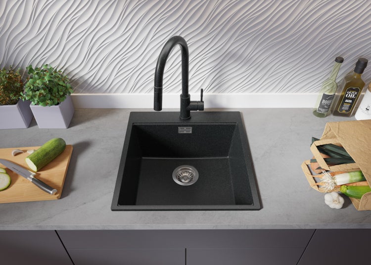 PRIMAGRAN Granitspüle Anthrazit 48x50cm, Spülbecken 1 Becken + Küchenarmatur 40x20cm + Ablauf-Set + Aufrollbare Abtropffläche, Küchenspüle ab 50er Unterschrank - Oslo