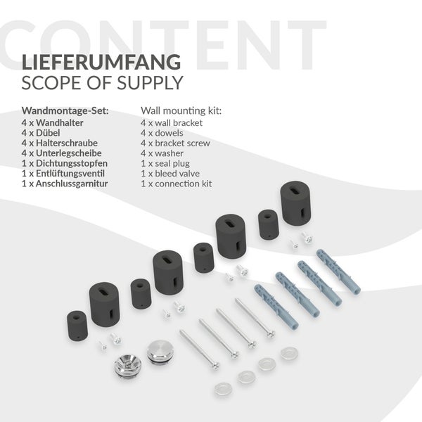LuxeBath Badheizkörper Iron EM 500x1600 mm Anthrazit Mittelanschluss mit Anschlussgarnitur Thermostat Durchgang Boden, Design Heizkörper Bad Heizung Handtuchwärmer Handtuchtrockner Handtuchheizkörper