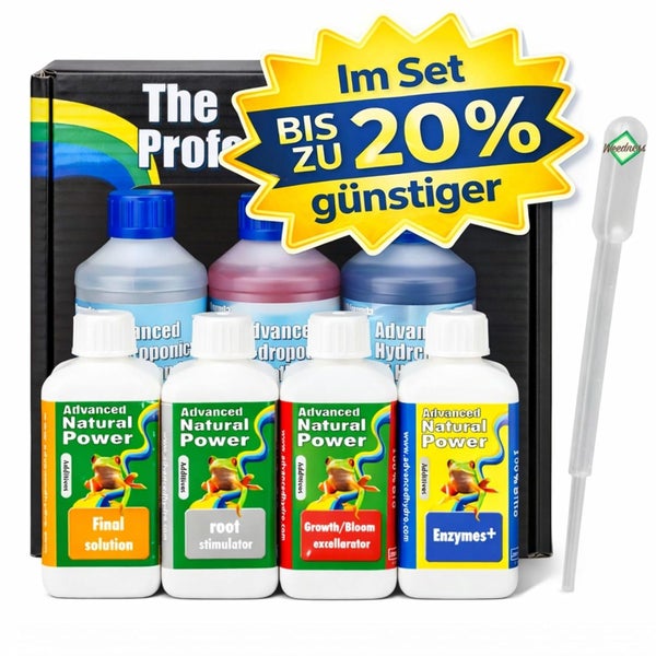 Advanced Hydroponics Starter-Set mit Pflanzendüngern, Wurzelstimulator, Enzymen und Pipette, Weedness Logo.