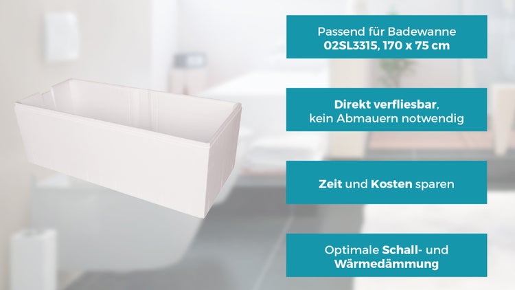 Calmwaters® Wannenträger 170 x 75 cm Modern Select, Passend für Rechteck-Badewanne 170x75 cm, Styroporträger, Schall- und wärmedämmend, Direkt verfliesbar, Badewannenträger in Weiß, 03AX4970