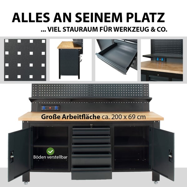 Werkbank mit Holzarbeitsplatte circa 200 mal 69 Zentimeter, verstellbaren Böden, Schubladen und Lochwand zur Werkzeugaufbewahrung.