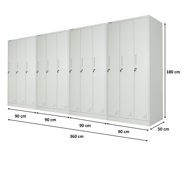 Garderobenschrank aus Metall, 12 Türen, Zylinderschloss, Maße 180 Zentimeter Höhe, 360 Zentimeter Gesamtbreite, 50 Zentimeter Tiefe.