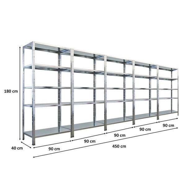 Metallregalsystem mit fünf Regalebenen und den Maßen 180 x 450 x 40 cm