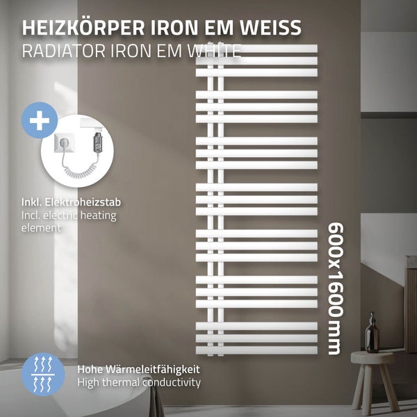 ECD Germany Iron EM Design Badheizkörper Elektrisch mit Heizstab 900W - 600 x 1600 mm - Weiß - Designheizkörper Paneelheizkörper Heizkörper Handtuchwärmer Handtuchtrockner