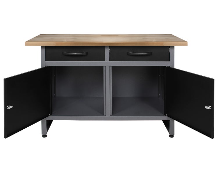 Werkbank mit Schubladen, offenen Fächern und geöffneten Türen