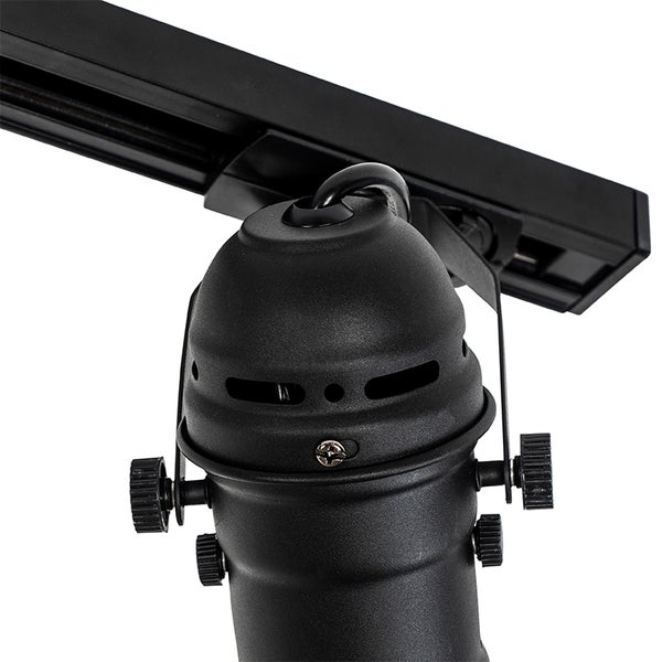 Schwarzer LED Strahler für ein Stromschienensystem mit drehbarem Kopf zur individuellen Lichtausrichtung.