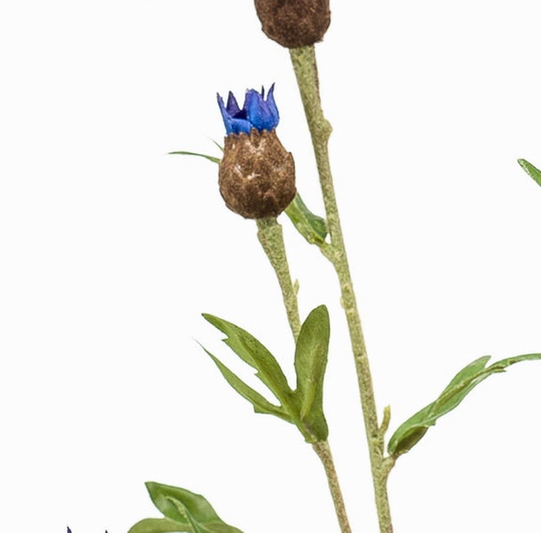 Künstliche Kornblume in Blau mit detailgetreuen Blütenblättern und grünem Stiel.