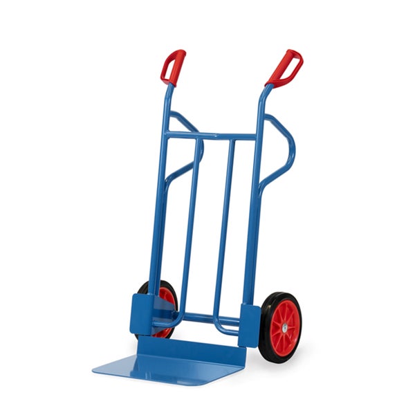 Blaue Sackkarre aus Stahl mit roten Sicherheitsgriffen und großer Ladeschaufel.