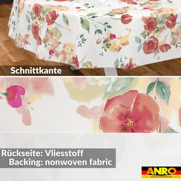 ANRO Wachstuch mit floralem Muster, Schnittkante und Rückseite aus Vliesstoff. ANRO Logo.