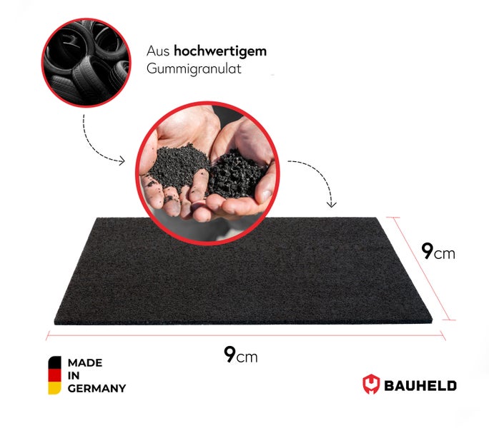 Quadratisches Gummigranulat Pad aus recycelten Reifen, Maße 9 mal 9 Zentimeter, Made in Germany, Bauheld Logo.