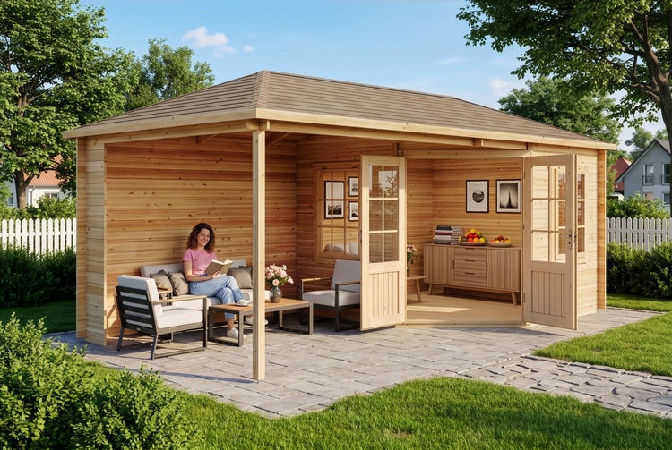 Großes Gartenhaus aus Holz mit Walmdach, offenem Loungebereich und geschlossenem Raum mit Glastüren auf einer Terrasse aus Steinplatten.