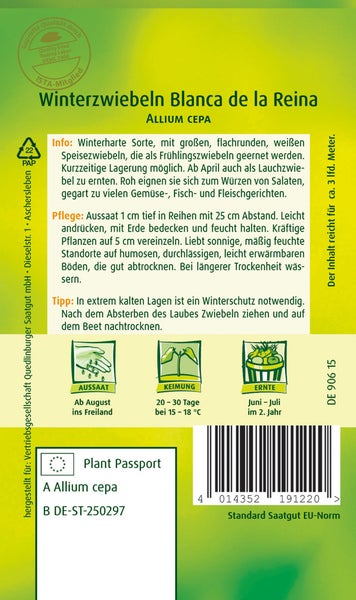 Rückseite einer Samentüte für Winterzwiebeln Blanca de la Reina mit Pflanzanleitung, Angaben zur Aussaat ab August und Erntezeit im zweiten Jahr.