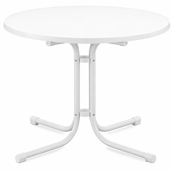 Weißer, runder Bistrotisch mit Metallgestell und vier geschwungenen Standfüßen.