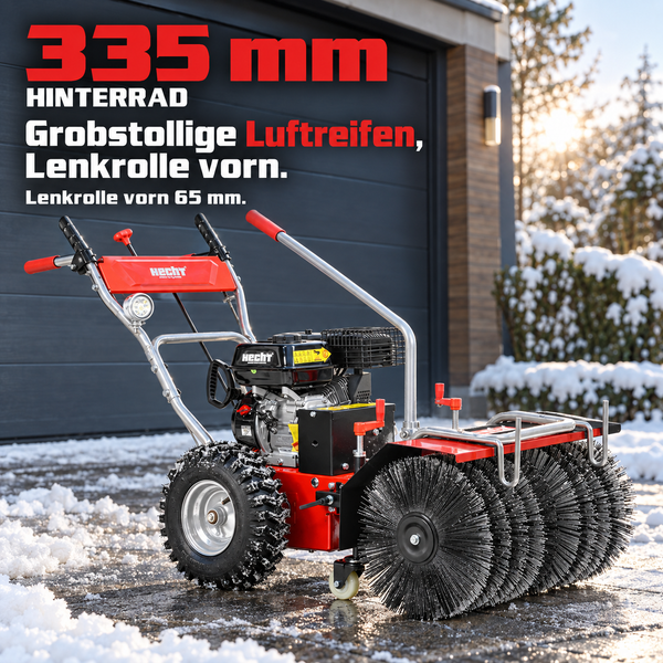 Hecht Kehrmaschine mit grobstolligen Luftreifen und Lenkrolle für den Wintereinsatz