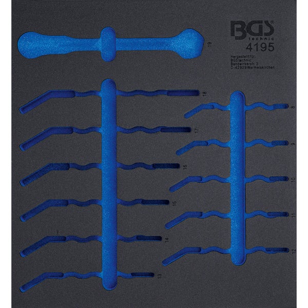 Werkstattwagen Einlage aus zweifarbigem Schaumstoff für Schraubenschlüssel, BGS technic Logo.