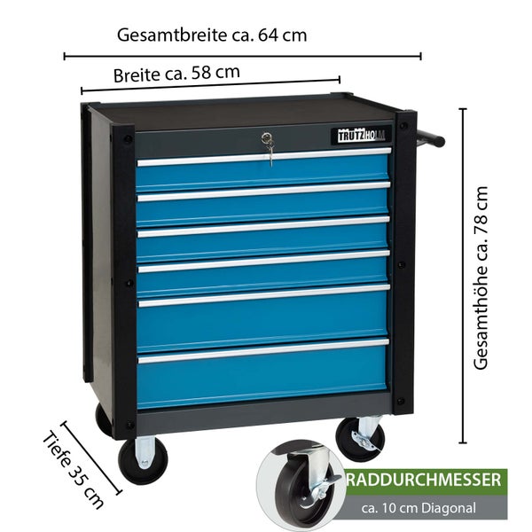 Werkzeugwagen mit sechs Schubladen und Rollen
