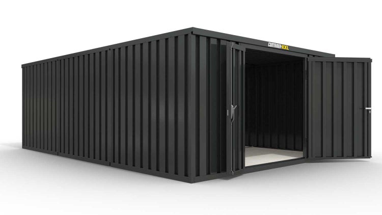 Lagercontainer Gerätehaus M3  – 18 qm, H2150 x B3050 x T6520 mm, Außenwandlackierung anthrazit, Dach außen verzinkt, mit Holzfußboden, 1830 mm Doppelflügeltür mittig in Stirnseite, montiert