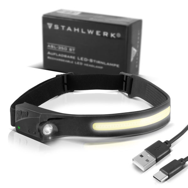 Stirnlampe mit USB-Kabel und Verpackung