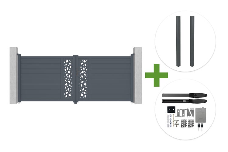 Zweiflügeliges Aluminiumtor mit Dekormuster, inklusive zwei Pfosten und elektrischem Torantriebsset mit Montagezubehör.