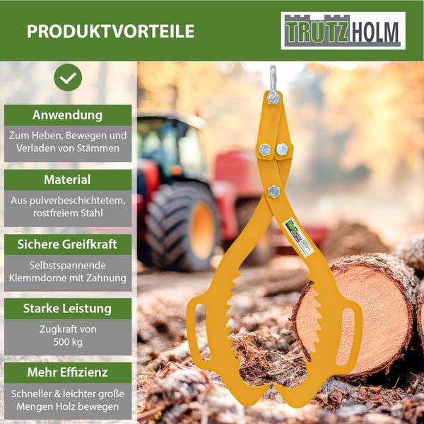 Trutzholm Holzgreifer aus pulverbeschichtetem Stahl zum Heben und Bewegen von Baumstämmen mit 500 Kilogramm Zugkraft und gezahnten Klemmdornen.