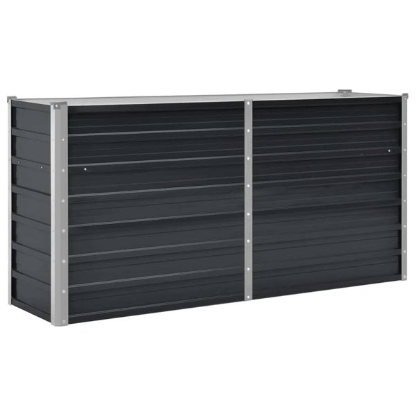 Rechteckiges Hochbeet aus Metall mit Wellblech-Paneelen und Eckverstärkungen.