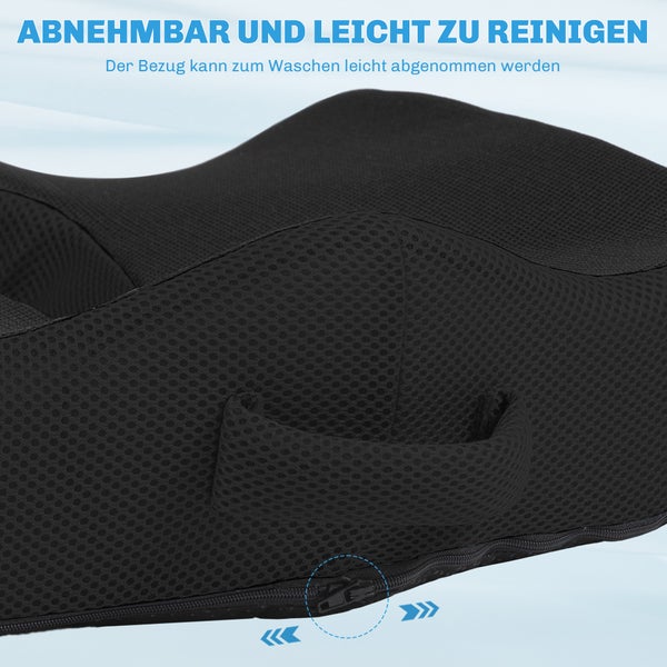 Ergonomisches Kissen mit abnehmbarem und waschbarem Bezug sowie praktischem Tragegriff.