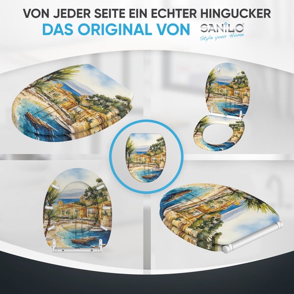 SANILO Toilettensitz mit maritimem Küstenmotiv, abgebildet in verschiedenen Ansichten.