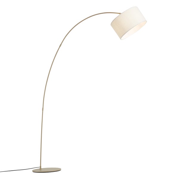 Beige Bogenstehleuchte aus Metall mit einem zylindrischen Textilschirm.