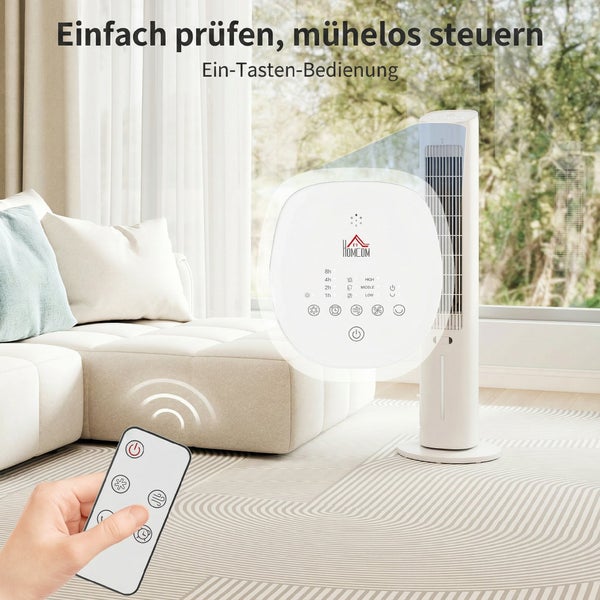 Weißer Turmventilator mit Fernbedienung im Wohnzimmer, Nahaufnahme des Bedienfelds mit Symbolen für Timer und Geschwindigkeitsstufen, HOMCOM Logo.