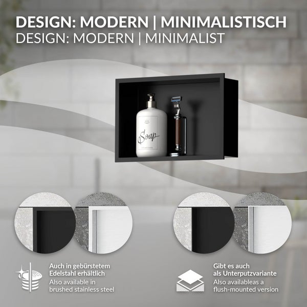 Moderne schwarze Wandnische für das Badezimmer im minimalistischen Design mit Seifenspender und Rasierer. Auch in Edelstahl und als Unterputzvariante.