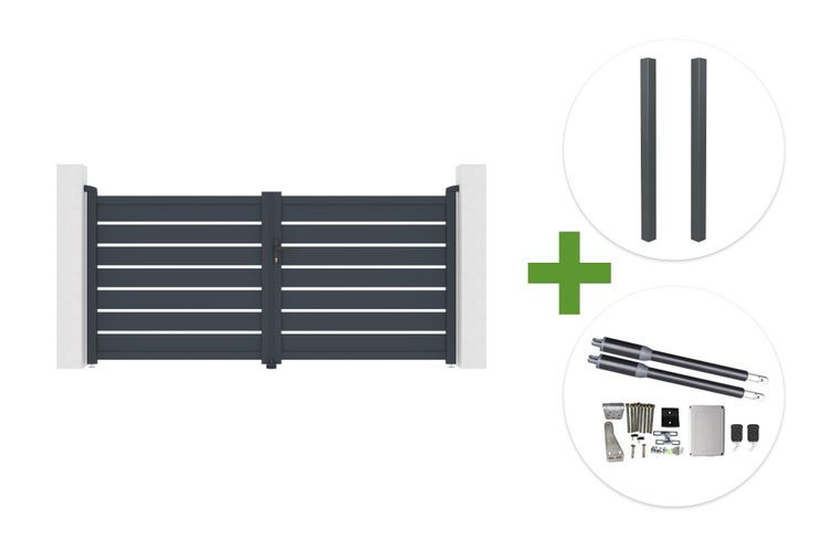 Zweiflügeliges Einfahrtstor mit horizontalen Lamellen, zwei Torpfosten und einem elektrischen Torantrieb-Set.
