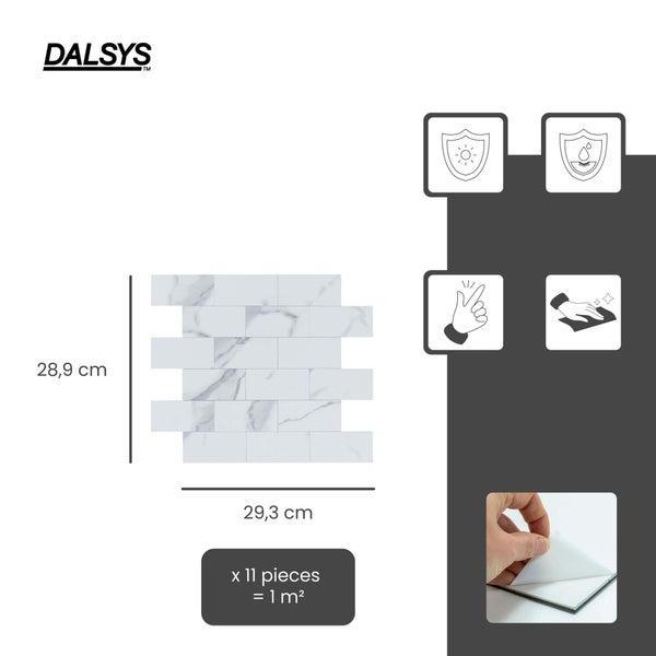 Dalsys Logo. Mosaik Marmor-Optik, 28,9 mal 29,3 Zentimeter. Set aus 11 Stück für 1 Quadratmeter. Ultraviolettbeständig, wasserfest, selbstklebend.