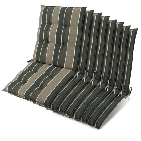 Acht gestreifte Gartenstuhl-Auflagen für Hochlehner in Grün und Beige mit Haltebändern.