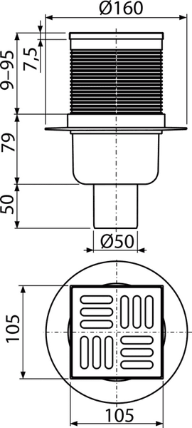 Maßzeichnung eines Bodenablaufs mit Maßangaben in Millimeter, Durchmesser einhundertsechzig, Abgang fünfzig, quadratischer Rost einhundertfünf mal einhundertfünf.