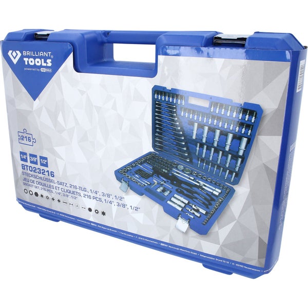Brilliant Tools Steckschlüsselsatz mit 216 Teilen in einem blauen Werkzeugkoffer