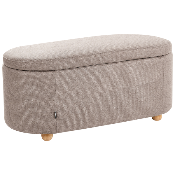 Ovale Polsterbank in Beige mit textilem Stoffbezug und runden Füßen aus Holz.